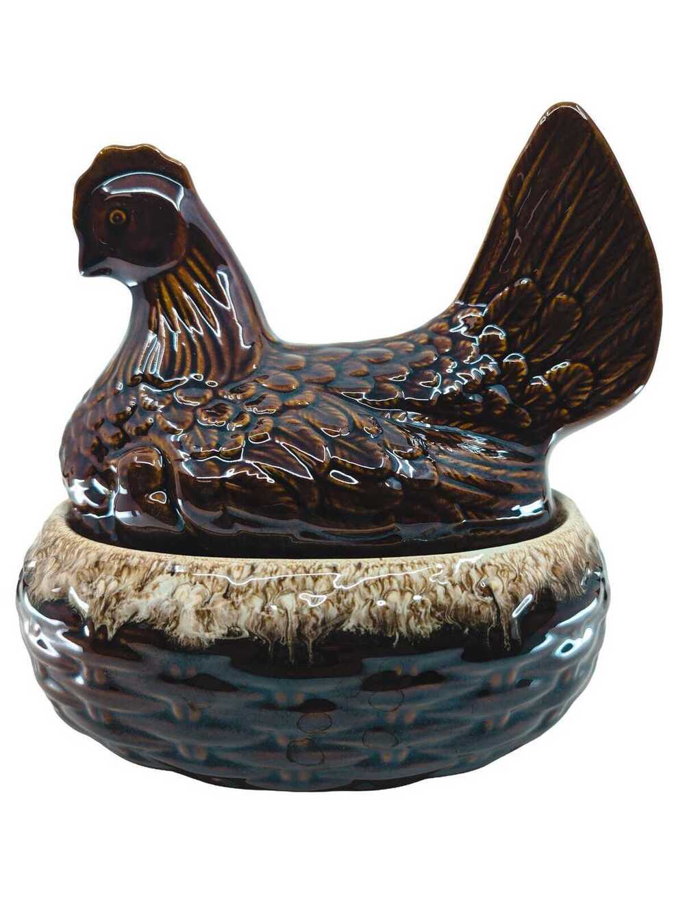 Vintage Hull Pottery Brown Drip Hen on Nest Covered Casserole